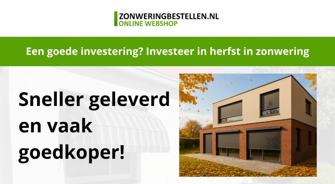 Moderne woning in de herfst met gesloten screens als zonwering, omringd door vallende bladeren en zacht zonlicht.