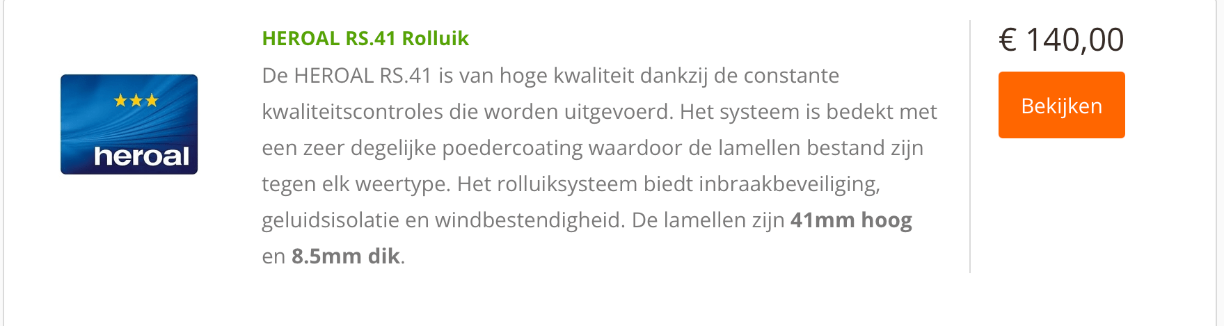 Op deze afbeelding is een goedkoop elektrisch heroal rolluik te zien, met informatie over het rolluik en een prijs
